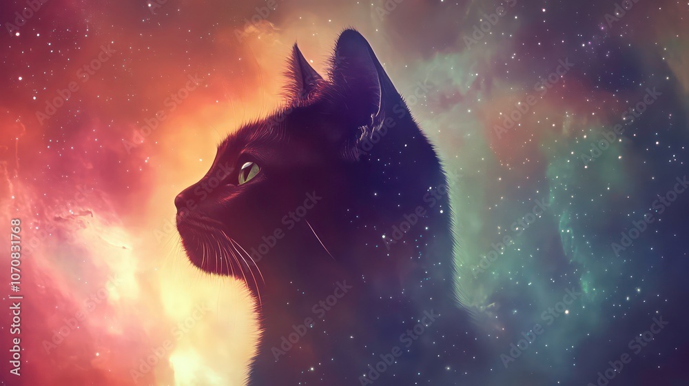 Aufkleber Stylish simplistic artwork featuring a feline in a mystical galactic setting with a unique and psychedelic design.