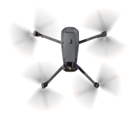 Isolated Overhead View of a Drone Quadcopter UAV In Flight. Transparent PNG.
