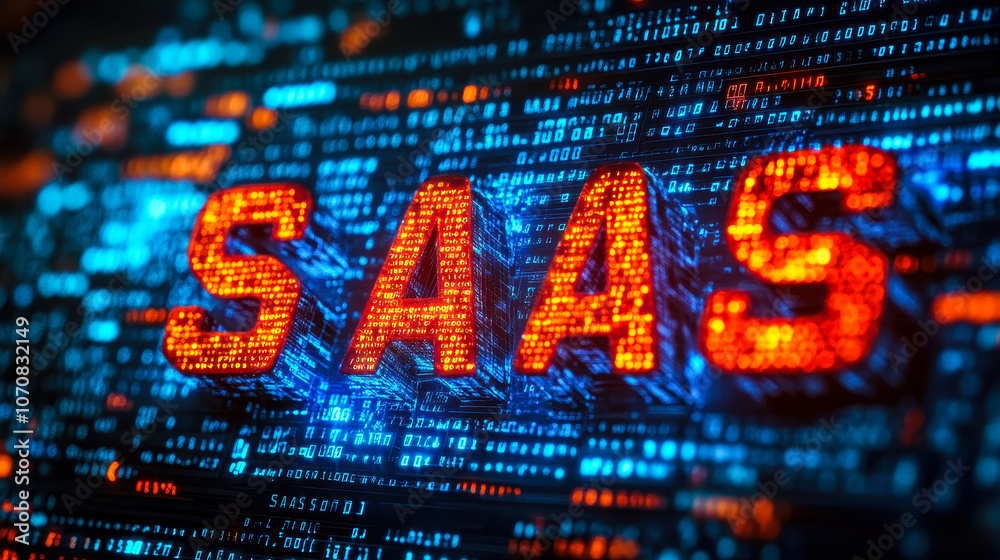 Poster digital binary code depicting saas acronym for software as a service concept visualization