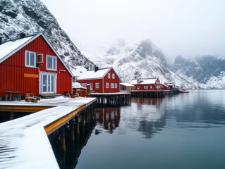 Fototapeta premium A view of a small fishing village in Lofoten, with red wooden houses on stilts, surrounded by snow-covered mountains.