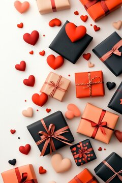  Varias cajas de regalo decoradas con corazones en tonos rojos y negros, sobre un fondo claro, ideal para el D&iacute;a de San Valent&iacute;n.

