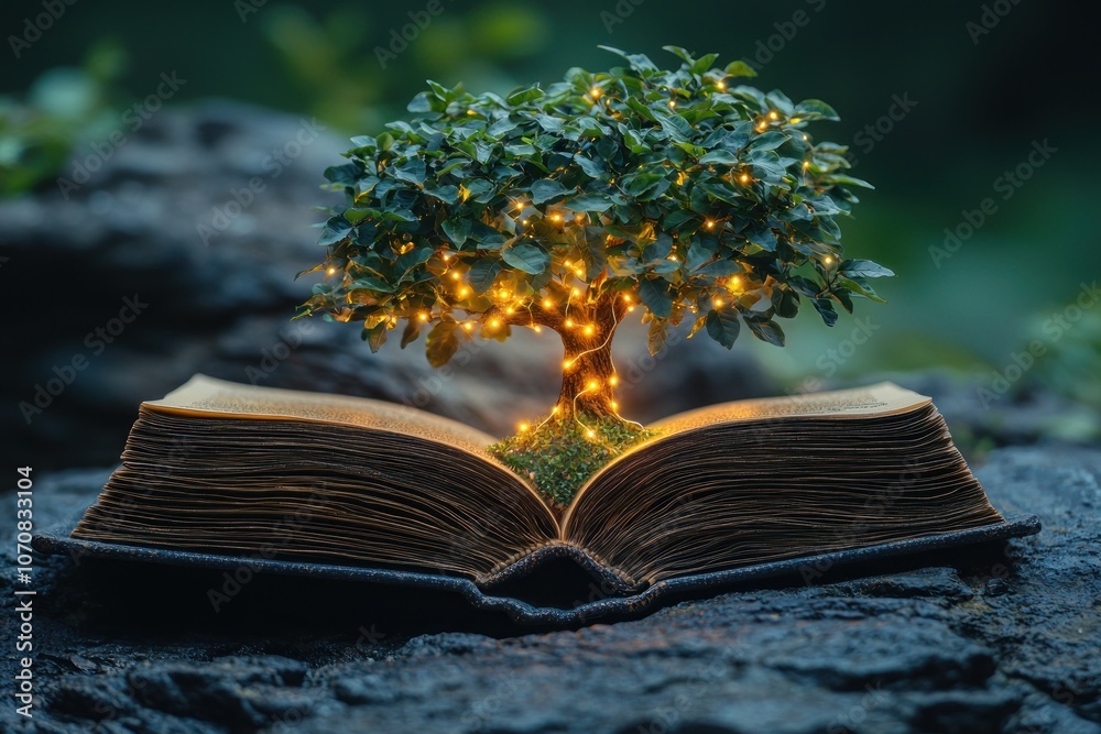 Poster a tree growing from an open book with fairy lights