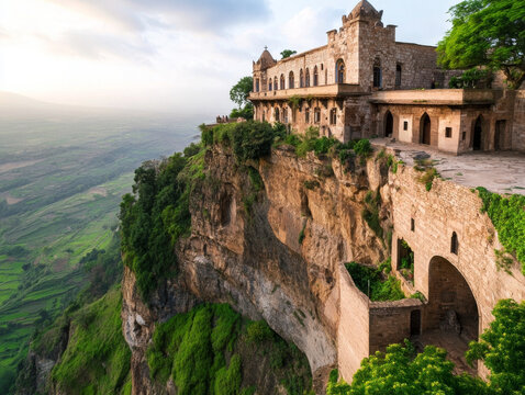 A view of the historic Debre Libanos Monastery, perched on a cliff with sweeping views of the surrounding landscape.