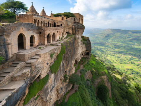 A view of the historic Debre Libanos Monastery, perched on a cliff with sweeping views of the surrounding landscape.