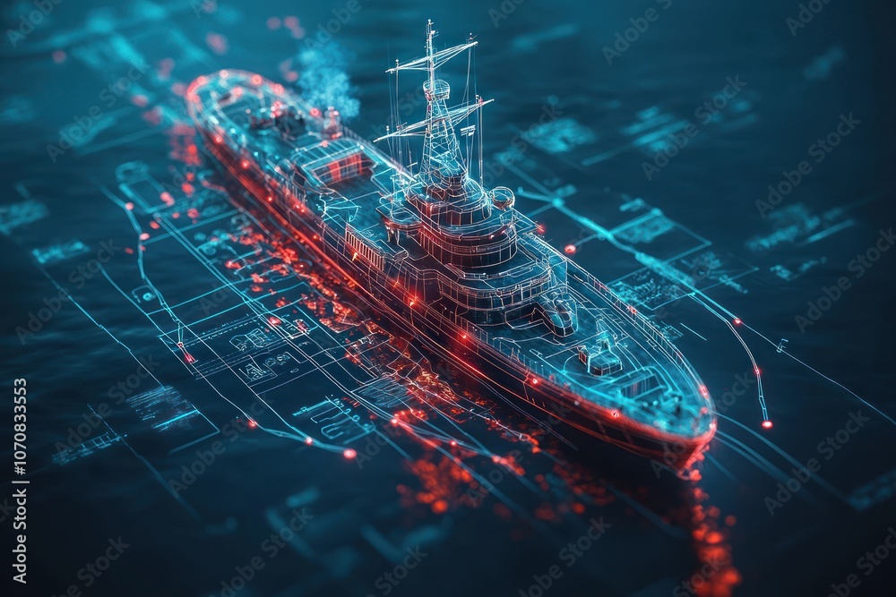 Aufkleber wireframe model of a warship on a blue background