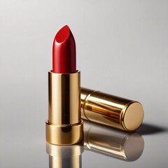 Red Lipstick in Golden Case on a Gray Background.