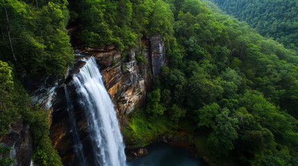 Obraz premium A view of the historic Toccoa Falls waterfall, surrounded by lush greenery in North Georgia.