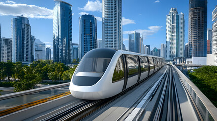 A modern, sleek train travels on an elevated track through a futuristic cityscape.
