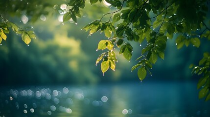 Obraz premium Dew-covered Green Leaves Over a Tranquil Body of Water