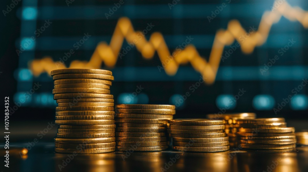 Poster stack of golden coins with a rising graph in the background, symbolizing financial growth and invest