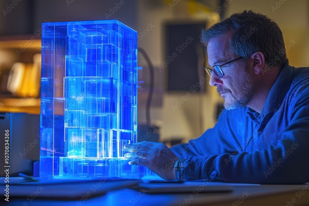 Aufkleber man examining a glowing blue building model