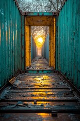 Fototapeta premium Sunlit Pathway Through Rusted Metal Containers