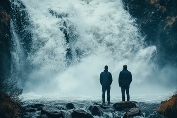 Fototapeta premium Men standing near a powerful waterfall at dusk, enjoying nature's beauty and sound