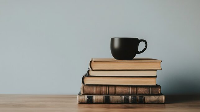 A black cup rests atop a stack of books on a wooden surface against a simple backdrop.