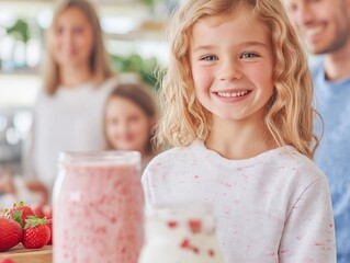 Mother and her children joyfully prepare healthy smoothies and oatmeal in a bright kitchen
