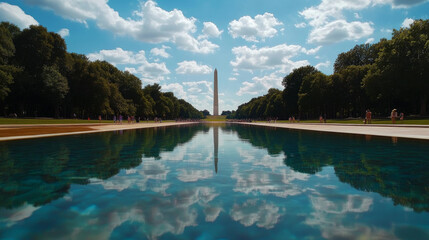 Obraz premium The Lincoln Memorial reflecting pool, with the Washington Monument in the distance, during sunset.
