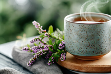 National Heather Day. A rustic ceramic mug filled with steaming hot tea, accompanied by fresh purple heather, creating a cozy and serene atmosphere. Ideal for relaxation themes.
