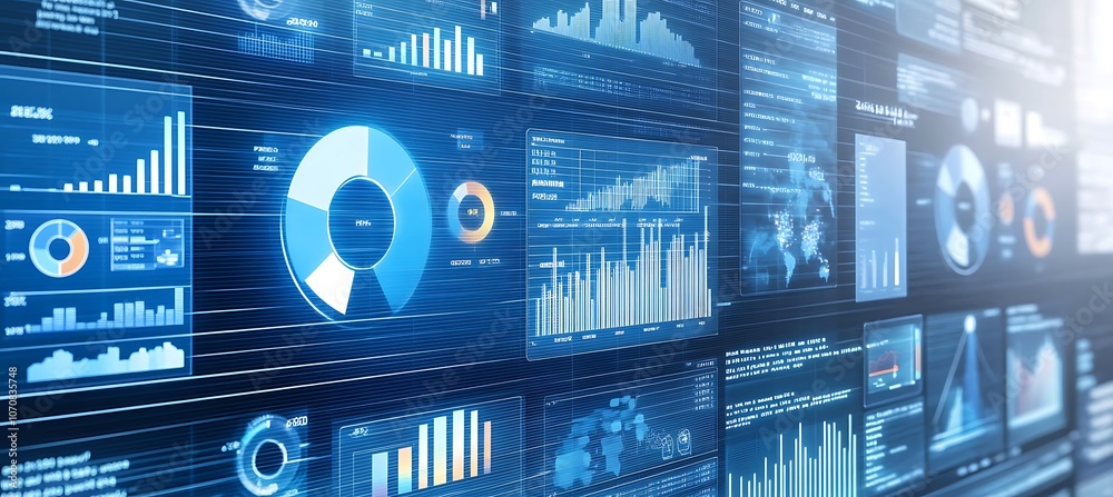 Poster a conceptual image of business data being analyzed with digital charts and graphs floating in the ai