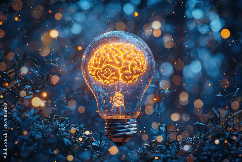 Poster Glowing Brain Inside a Light Bulb in a Forest Setting