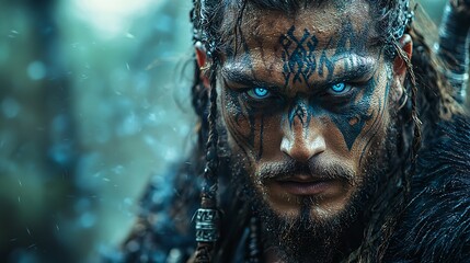 Enigmatic Fantasy Warrior with Tribal Tattoos in Mystical Forest
