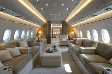 Fototapeta premium Luxurious Interior of a Private Jet with Plush Seating and Elegant Design