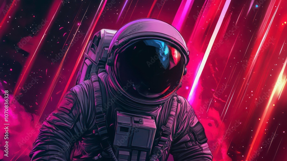Poster an astronaut in a colorful cosmic scene, surrounded by vibrant space elements.