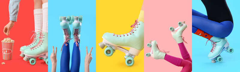 Collage of female legs in roller skates on color background