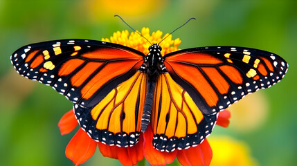 Fototapeta premium A Monarch butterfly with orange and black wings perched on a bright red flower with yellow center.