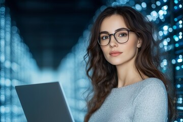 Female technician monitoring data flow in a modern server room with blue lighting and laptop