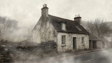 Serene Highlands Cottage in Muted Watercolor Fog