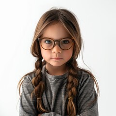 Obraz premium Young girl with brown hair and glasses looking at the camera.