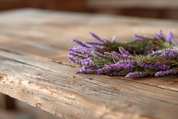 Fototapeta premium National Heather Day. A handmade heather wreath with vibrant purple sprigs lying on a rustic wooden table, highlighting the natural textures and earthy tones, perfect for a cozy, countryside setting. 