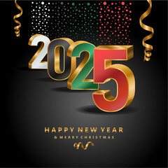 Happy new year 2025 3d colorful numbers celebrating card black background