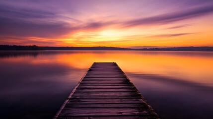 Fototapeta premium Wooden Dock Extending into Still Water at Sunset