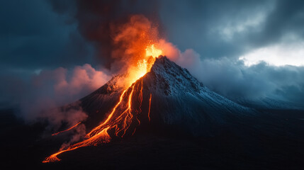 A dramatic view of a volcanic eruption on the Reykjanes Peninsula, with lava flowing down the mountain.