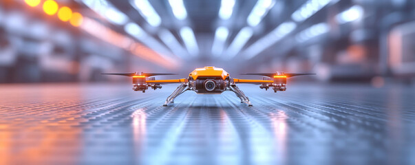 Yellow quadcopter drone with camera hovering in a large futuristic industrial space with reflective floor