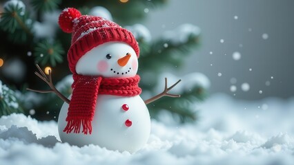Fototapeta premium Snowman in a hat and scarf