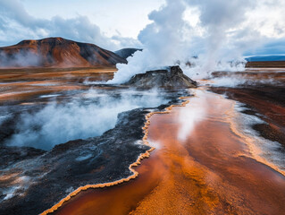 Fototapeta premium A geothermal landscape in the Myvatn area, with bubbling hot springs and sulfuric vents steaming in the distance.