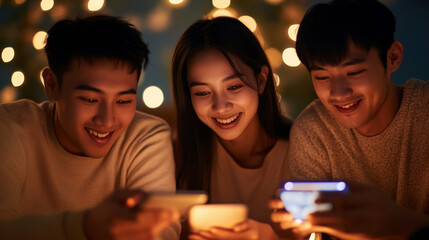 A group of Asian friends playing an online game together, using tablets and smartphones, enjoying a relaxed evening.
