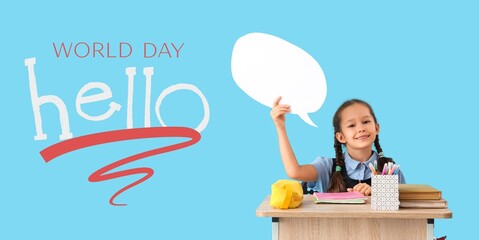 Banner for World Hello Day with little school girl on blue background