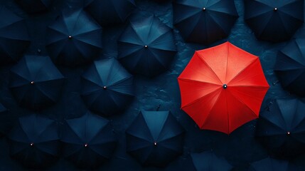 A vibrant red umbrella draws attention in a composition filled with dark umbrellas, creating a strong visual contrast against a blue surface, highlighting individuality