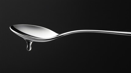 The image displays a sleek silver spoon capturing a droplet of liquid at its tip, set against a deep black background that accentuates its reflective surface