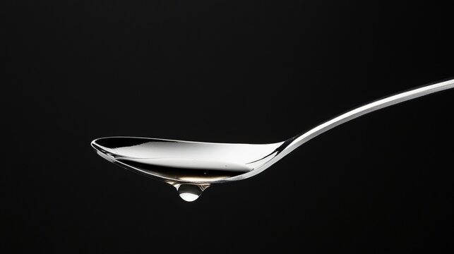 The sleek silver spoon delicately balances a droplet of liquid at its tip, with a stark black background highlighting the shiny surface and the droplet's shape - Powered by Adobe