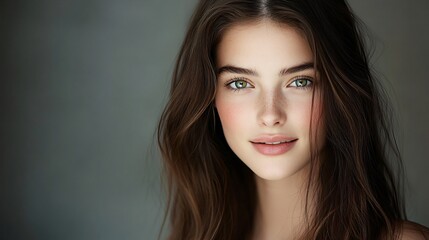 Naklejka premium A young woman with long brown hair and captivating green eyes smiles gently. The soft lighting highlights her features, creating a serene atmosphere that emphasizes her natural beauty