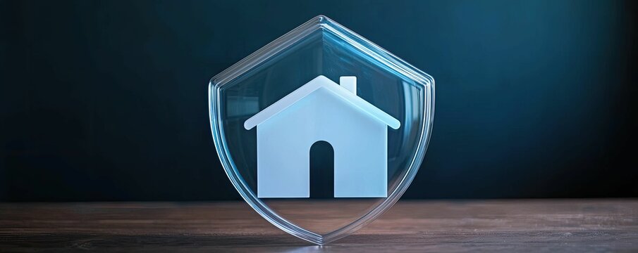 A protective shield surrounds a miniature house, symbolizing home security and safety in a modern design.