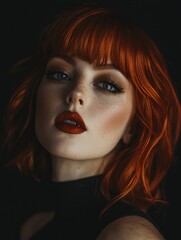Fototapeta premium The portrait features a woman with bright red hair styled in soft waves, highlighting her striking features and glamorous makeup, creating a dramatic atmosphere