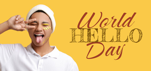 Creative portrait of handsome young man on color background