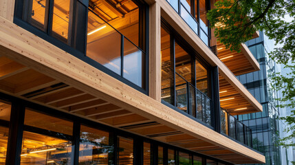 A modern mass timber office building under construction, with large windows and exposed wooden structure visible.