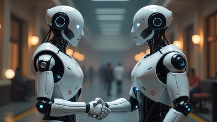 Two robots raise their hands to each other. Concept of the future
