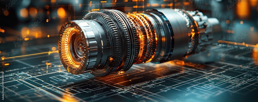 Poster close-up of a complex metallic gear system with intricate details